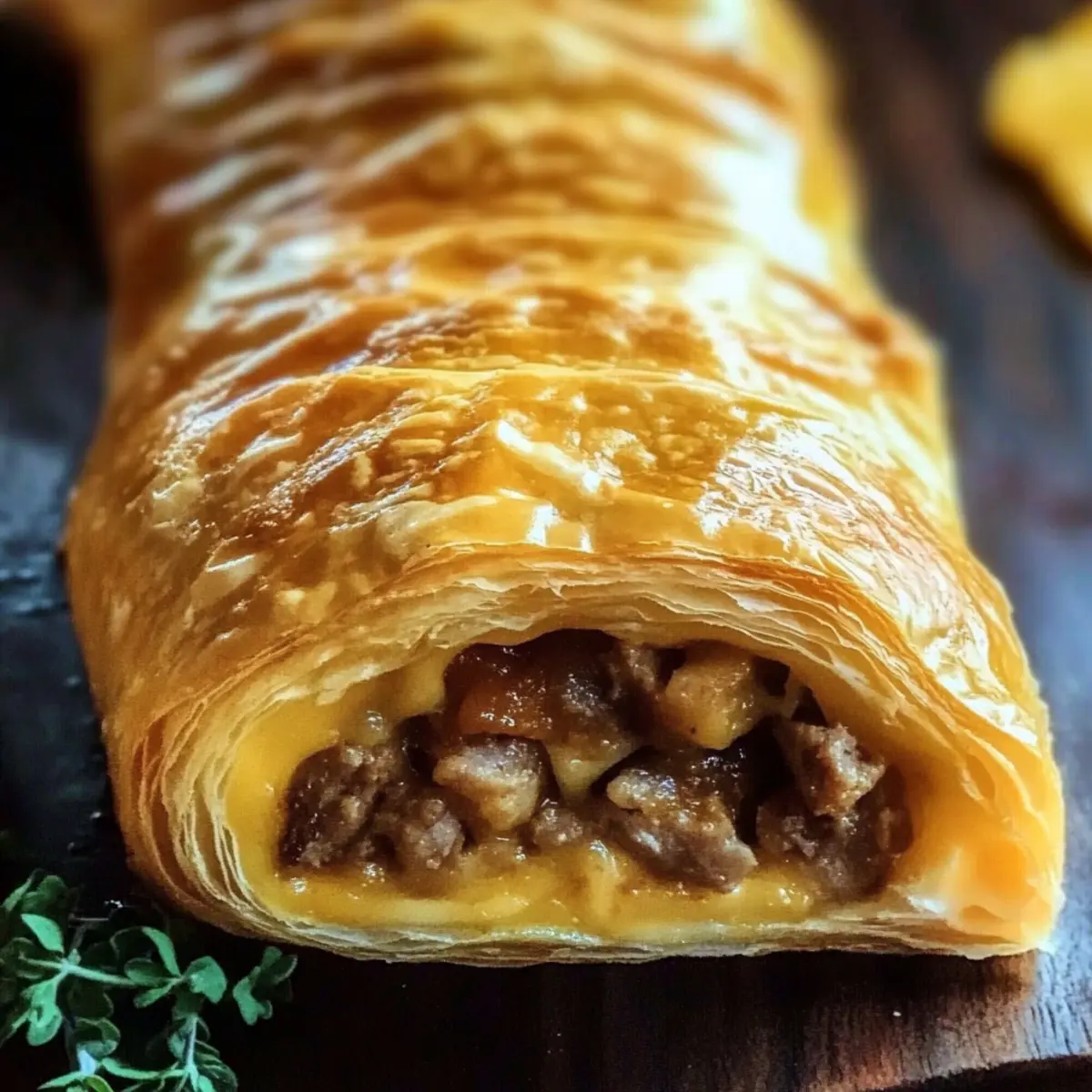 Irresistibly Golden-Baked Puff Pastry Roll with Meat and Cheese 5